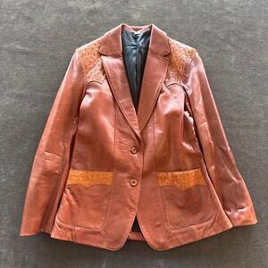 Vintage Western Leather Blazer Ostrich Trim Cognac Brown Cowboy Jacket Size 12